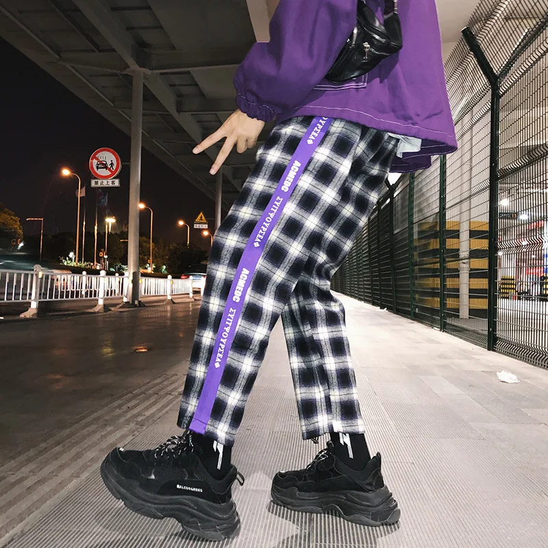 Men's Trousers19 Spring New Loose Plaid Pants Youth Popular Beam Feet Nine Pants Trousers Red Purple Youth Casual Men's Clothing