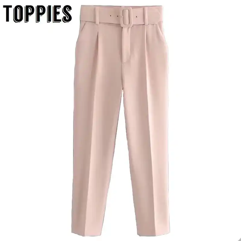pink high waisted belted trousers