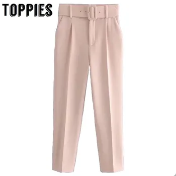 

2020 Belted Suit Pants High Waist Causal Pink Yellow Harem Pants women Trousers solid color