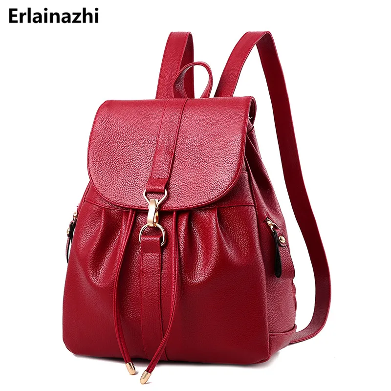 

2018 New Women Back Bag PU Leather Preppy Backpacks for Teenage Girls Lady School Bags Dark Red Casual Backpack Female Mochila