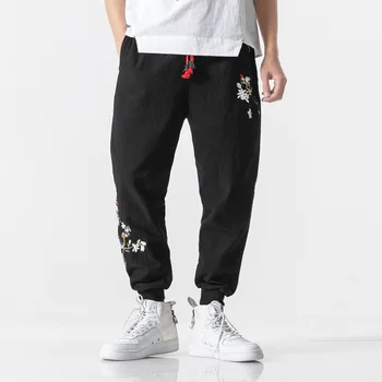 

#4587 Embroidery Floral Cotton Linen Harem Pants Men Chinese Style Vintage Loose Linen Trousers Elastic Waist Parkour Joggers