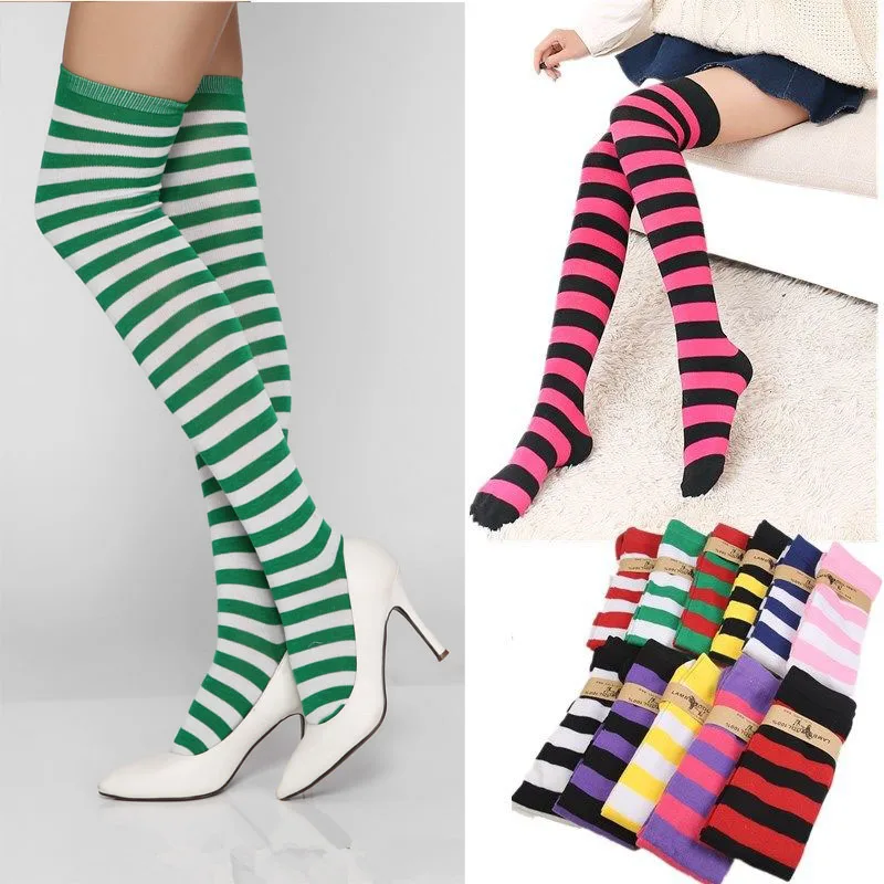 New Fashion Girls Women Thigh High Over The Knee Striped Stocking Long