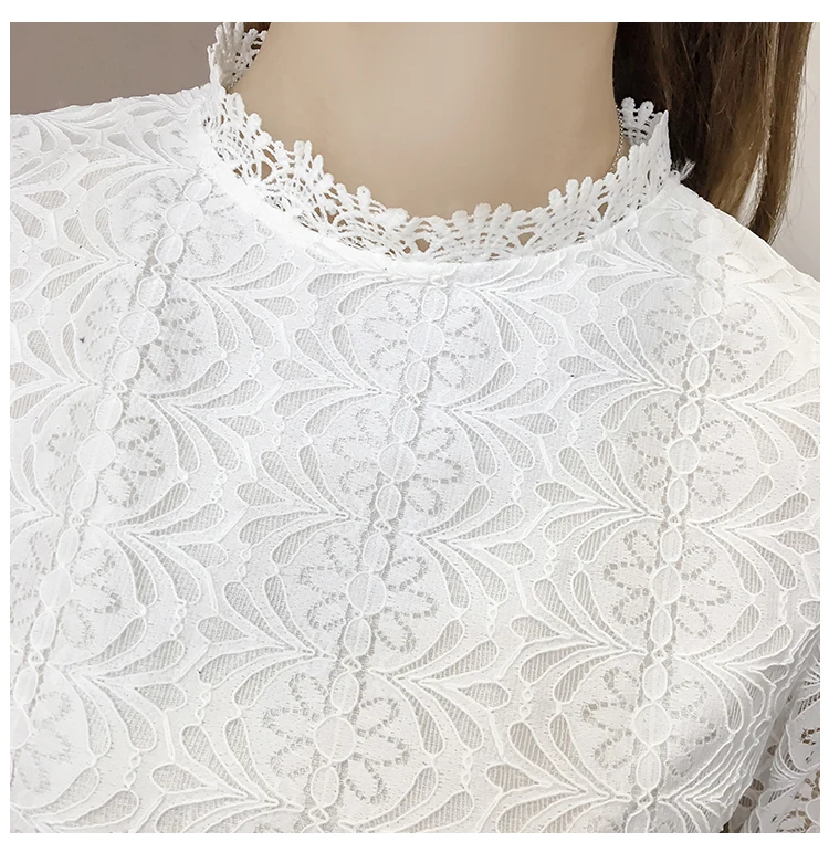 2019 الأزياء الدانتيل الأبيض بلوزة قميص المرأة بلوزات على الموضة جولة الرقبة مضيئة كم الإناث البلوزات الخريف الجوف خارج قمم 804H3
