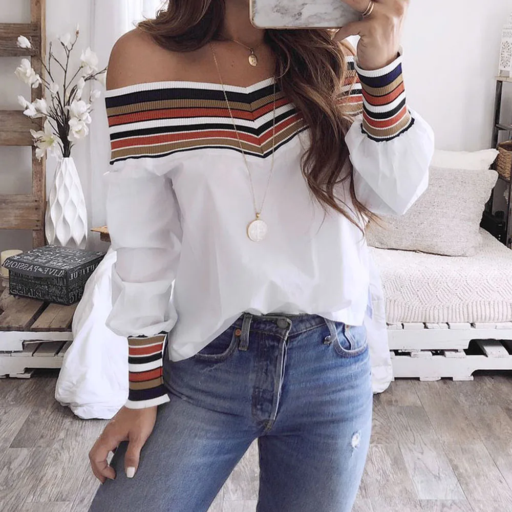 

2019 Summer New Women Fashion Long Sleeve Off Shoulder Slash neck White Blouses Shirts Casual Slim Tops Shirts Blusas