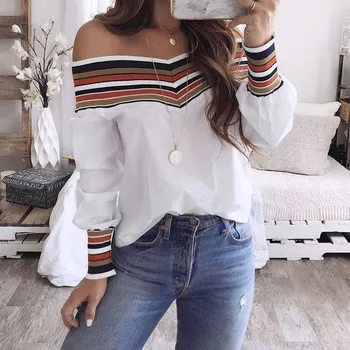

2020 Summer New Women Fashion Long Sleeve Off Shoulder Slash neck White Blouses Shirts Casual Slim Tops Shirts Blusas