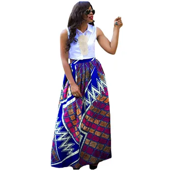 

Women African Dashiki Spring Summer Maxi Beach Skirt High Waist Pleated Floral Print Long Skirt