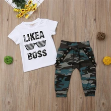 LIKE A BOSS/топы в стиле хип-хоп для маленьких мальчиков 0-3 лет, футболка камуфляжные штаны, комплект одежды