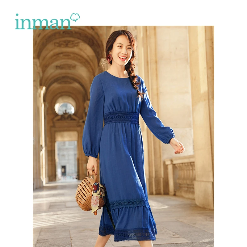 

INMAN Autumn O-neck Retrao Literary Holiday Defined Waist Slim Loose A-line Women Dress