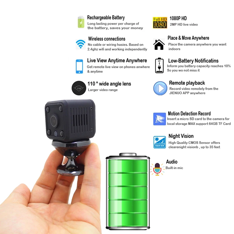 JIENUO 1080P Mini WiFi Camera Ip Camera Battery IpCam Cctv Wireless Security HD Surveillance Micro  - 32998733428
