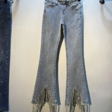 Весна-лето, европейские женские новые брюки, алмазные бусины с бахромой, высокая талия, тонкий микро-бюстгальтер, джинсовые штаны