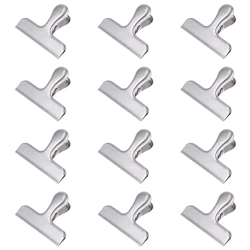 

12 Pcs Stainless Steel Bag Clips for Air Tight Seal Grip on Food Durable metal clamps for bags kitchen food clip