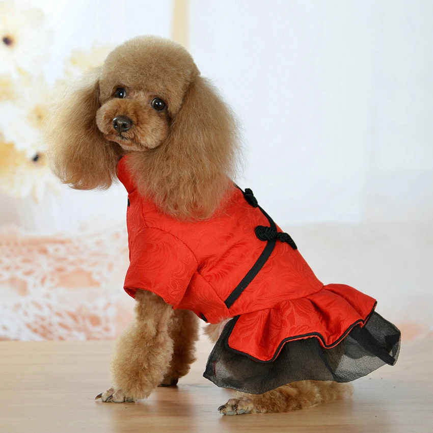 

New Year Dog ClothesFashion Pet Button Skirt Chinese Traditional Spring&Autumn Breathable Comfort Coat Elegant Princess Dress