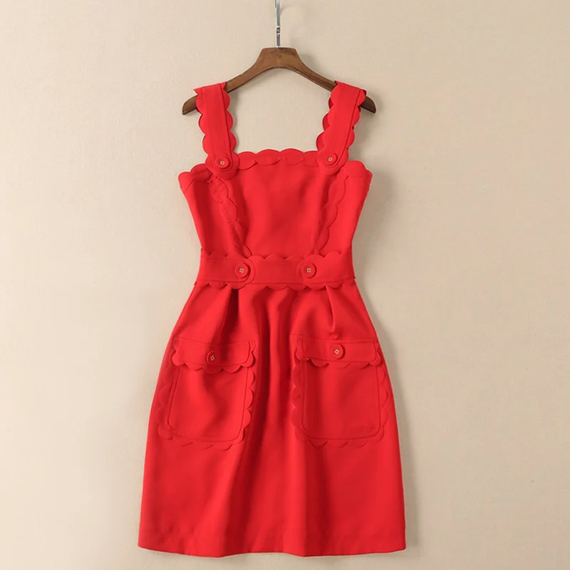 

ladies clothes for summer black / red scalloped wide shoulder straps button pockets a line mini sundress free shipping