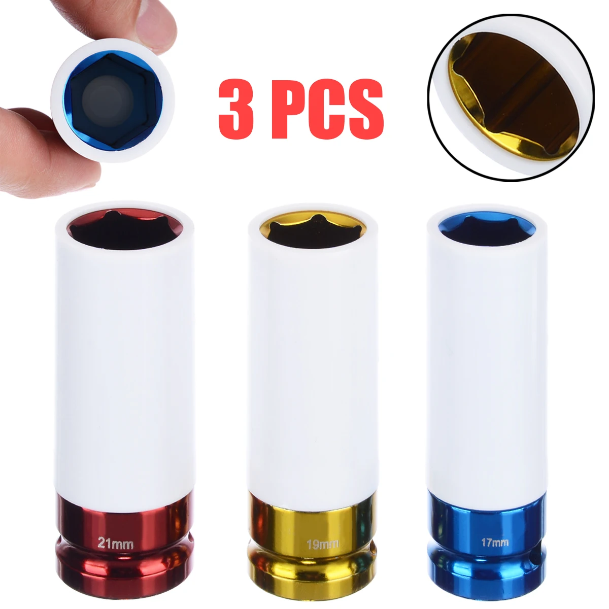 

3pcs/set 17/19/21mm Car Wheel Deep Nut Socket Tire Thin Wall Impact Lug Set For Car Auto Accessories Colorful