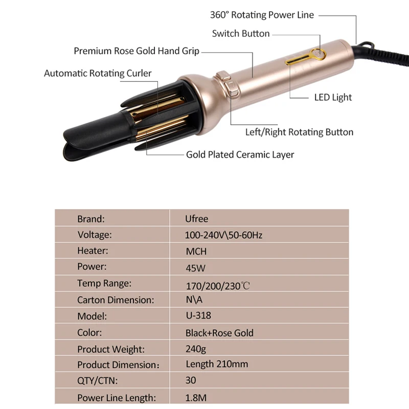 Ufree U-318, автоматическая плойка, керамическая, не повреждает волосы, обжигающие, электрические щипцы для завивки волос, ленивая завивка, артефакт, щипцы для завивки