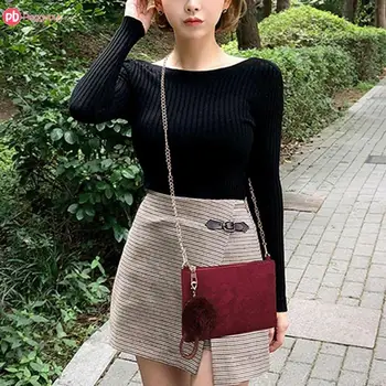 

Elegant Classic Women Lady Scrub PU Leather Envelope Clutch Handbag Chain Messenger Bag Pompom Ball Crossbody Bags