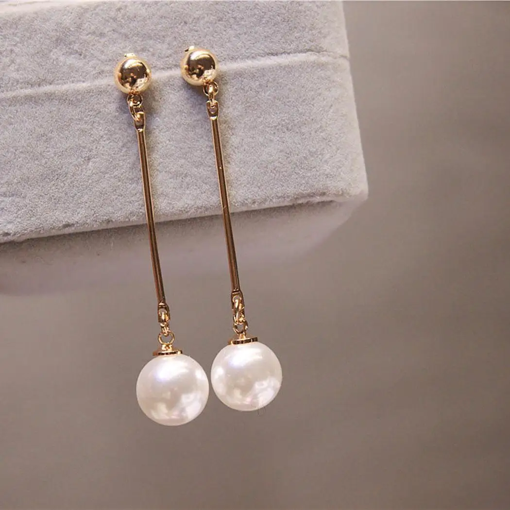 

Push Elegant Long Casual Earrings Women Drop Fashion Back Gold Tassel Style Pearl Artificial
