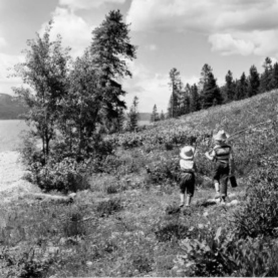 Two boys with fishing rods on meadow Poster Print (18 x 24) | Дом и сад