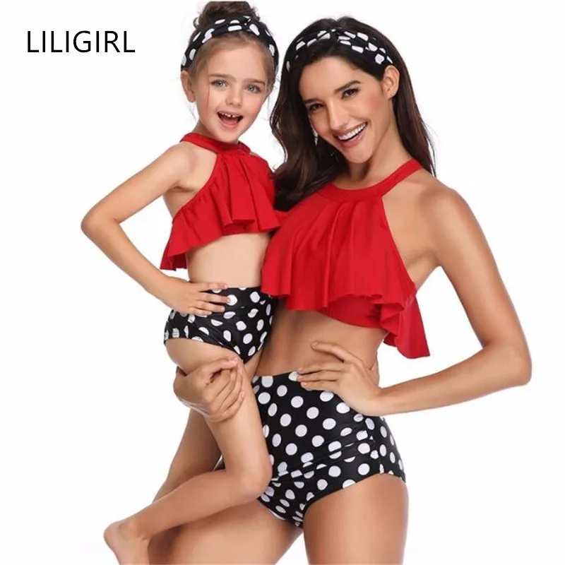 Новый милый купальник LILIGIRL в горошек для мамы и дочки бикини семьи матери дочь