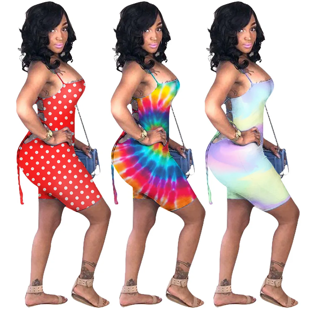 HAOYUAN نقطة الملونة التعادل صبغ مثير Playsuits عارية الذراعين ضمادة ارتداءها الصيف وزرة Bodycon ثوب فضفاض للمرأة بذلة السراويل HAOYUAN نقطة الملونة التعادل صبغ مثير Playsuits عارية الذراعين ضمادة ارتداءها الصيف وزرة Bodycon ثوب فضفاض للمرأة بذلة السراويل