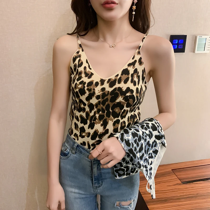 

Summer Knit Women Leopard Cropped Camisole Tops Female Bodycon Knitted Tanks Crop Top Sleeveless Basic T shirts
