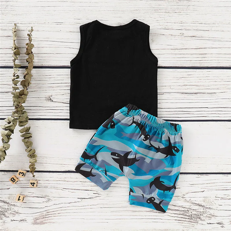 Baby Boy Cartoon Shark Letter Print Vest Top + Shorts Set Boutique Children's Clothing Cotton O-Neck Summer New Fashion 2 Sets