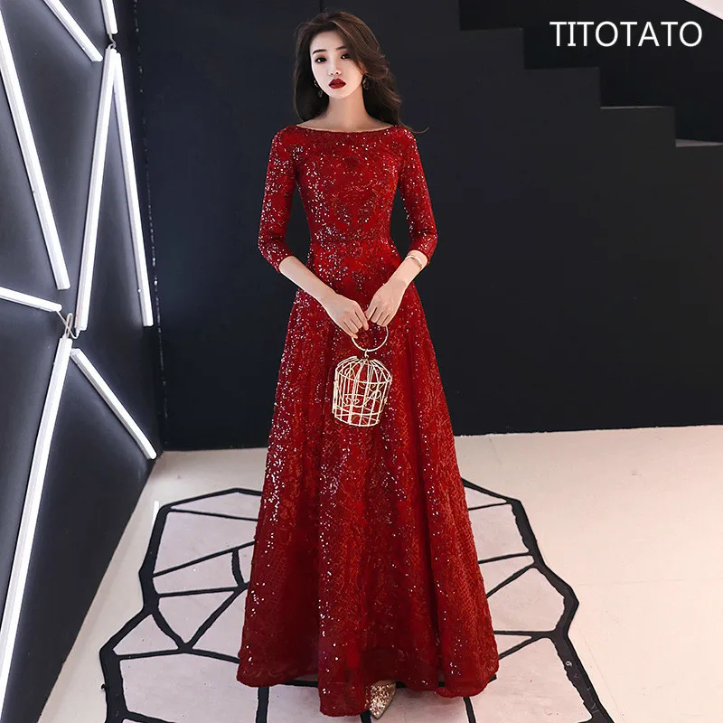 

TITOTATO Red Women Dress Lace Vestido De Festa Longo Formatura Dress To The Floor Evening Sexy Dress Sukienki Na Wesele Damskie