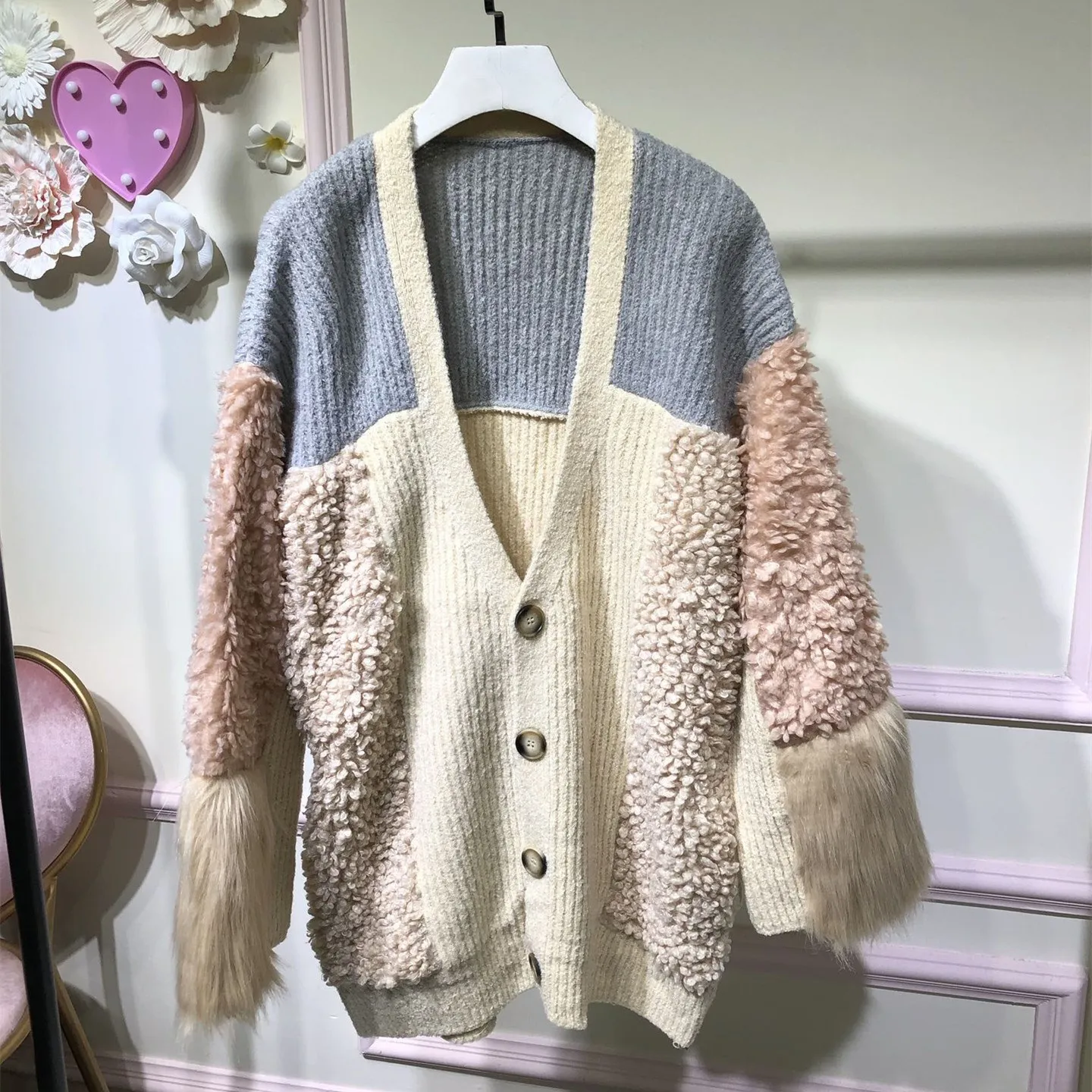 Patchwork En Cachemire Manteau Picture Mode Manches Tricot As Épissage À Cardigan Agneau Faux Fourrure Lâche Femmes Hiver Et Chaud Automne Longues De W4qXAXP8