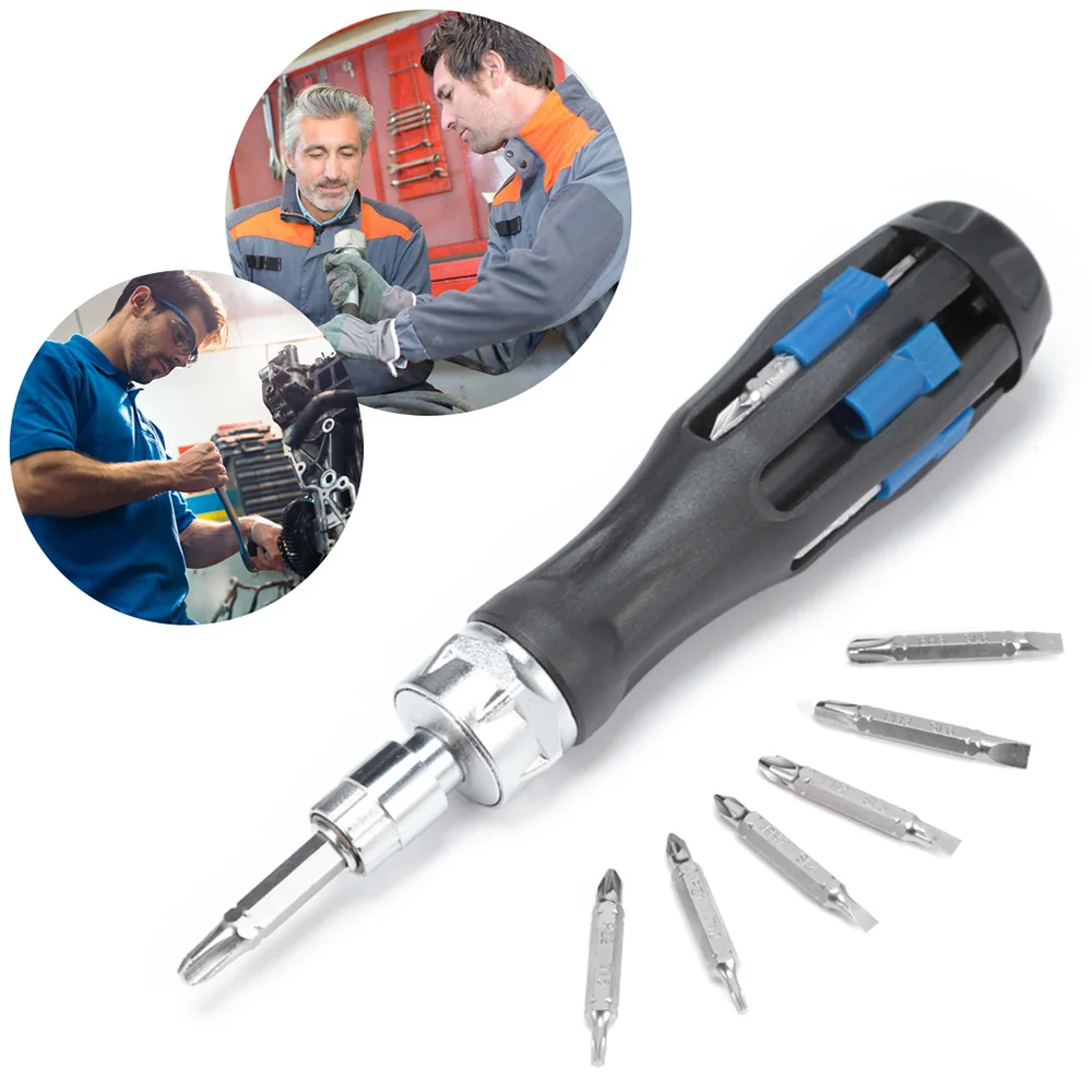 12 In 1 Ratcheting Screwdriver Kit 6pcs Double End Bits With Adjustable Knob Hand Tool Repair