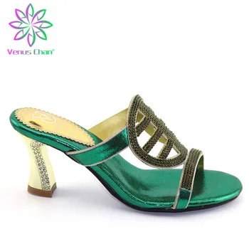 

Green African Women Crystal Shoes Slipper High Quality With Rhinestone Fashion Shoes Without Bag Set Nice Design Shoes For Party