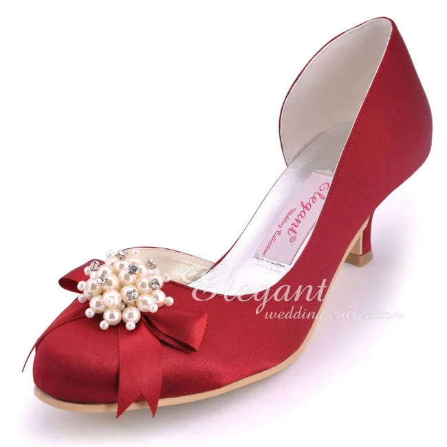 Woman Shoes Burgundy Mid Heel Wedding Bridal Size 6 Closed Toe Satin Bride Bridesmaid Evening