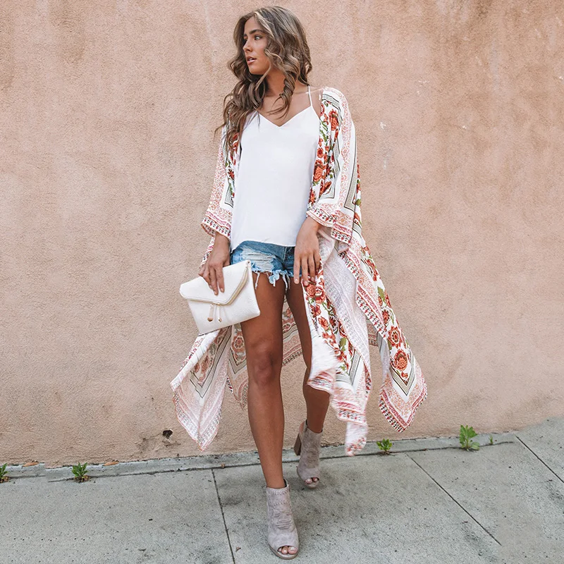 

2019 Boho Chiffon Kimono Cardigan Women Floral Print Side Slit Casual Loose Summer Blouse 5XL Plus Size Beach Cover Ups Shirts
