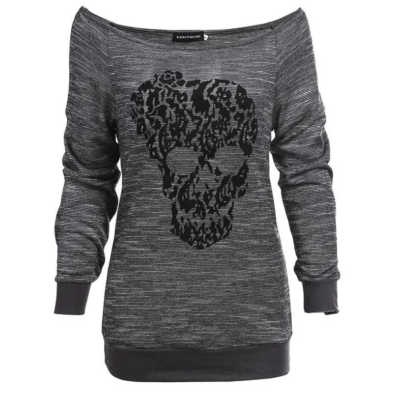 Gray Casual T Shirt Women Long Sleeve Skull Print Gothic Trendy Brand ...