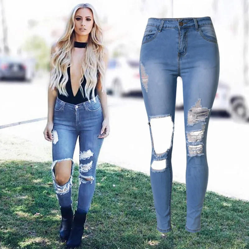 High Waist Skinny Jeans Women Distressed Bleached Hole Ripped Denim