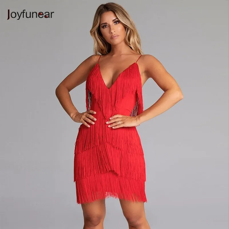 

Joyfunear Red Color Sexy Dress Summer V Neck Backless Spaghetti Strap Party Dress Women Mini Tassel Dress vestidos de fiesta