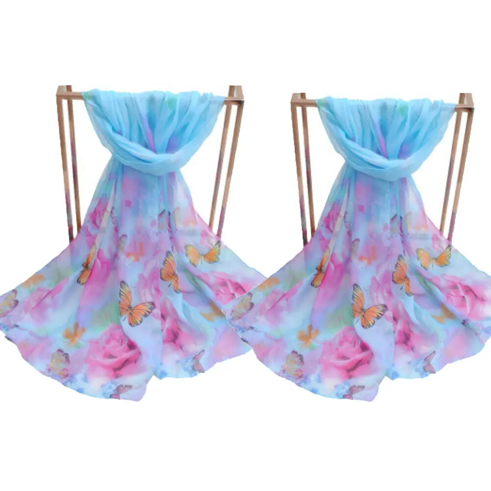 

New Style Women Silk Chiffon Beach Scarf Bandana Butterfly Rose Flower Print Quality Goods Summer Shawl Beachwear