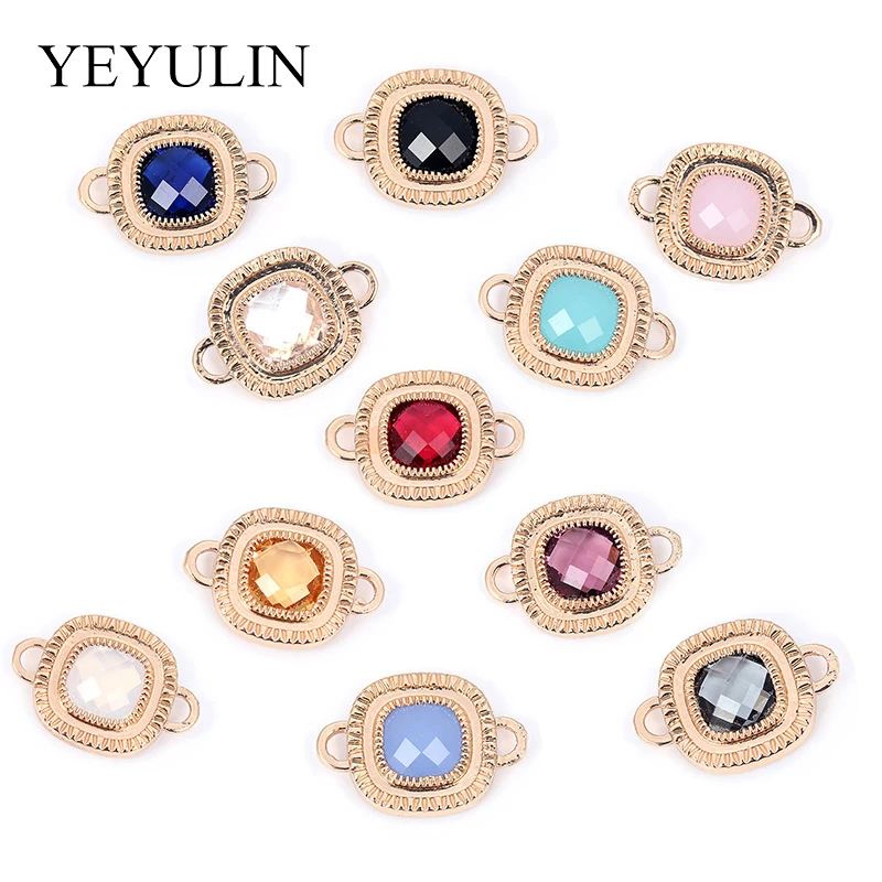 

5 Pcs Golden Color Round Rectangle Multiple Shape Colorful Crystal Copper Connectors For DIY Necklace Bracelets Accessories