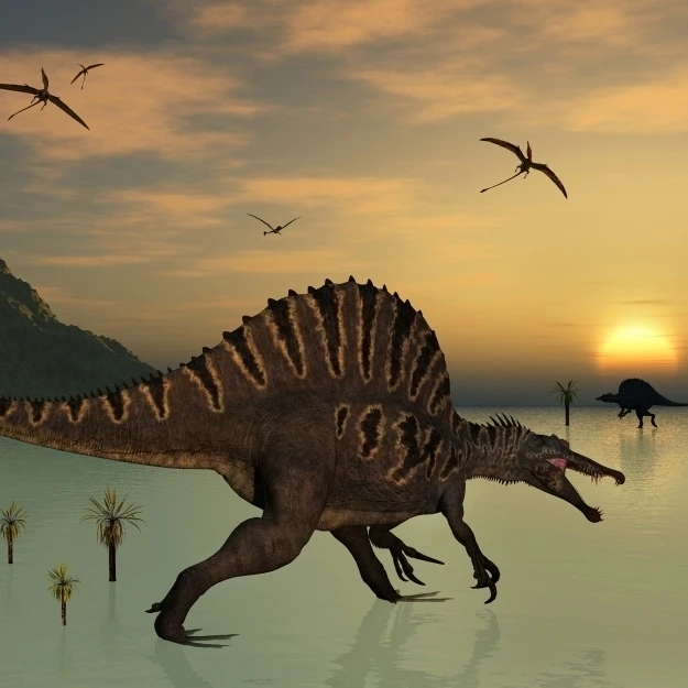 Пара Spinosaurus Охота для плакат с изображением рыб печати (18x11) | Дом и сад