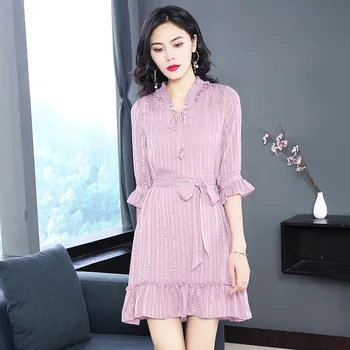 

2018 summer pure color dress for women elegant temperament loose thin a-line dress woman v-neck bowknot women summered dress