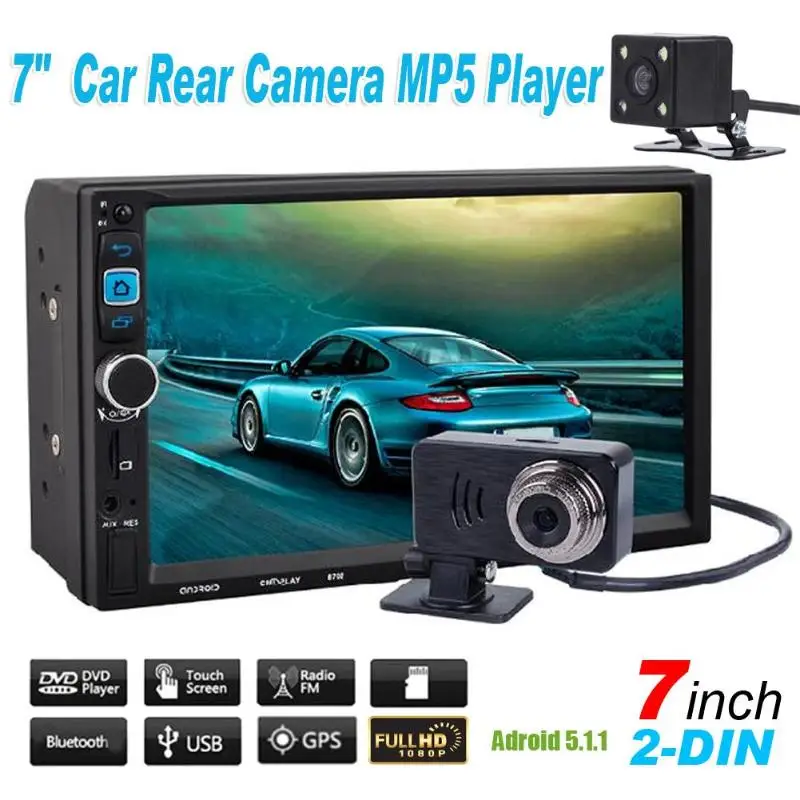

7 inch 1080P Touch Screen 2-DIN Android 5.1.1 MP5 Player Rear Car Camera Bluetooth connection automatically 16GB Nand Flash