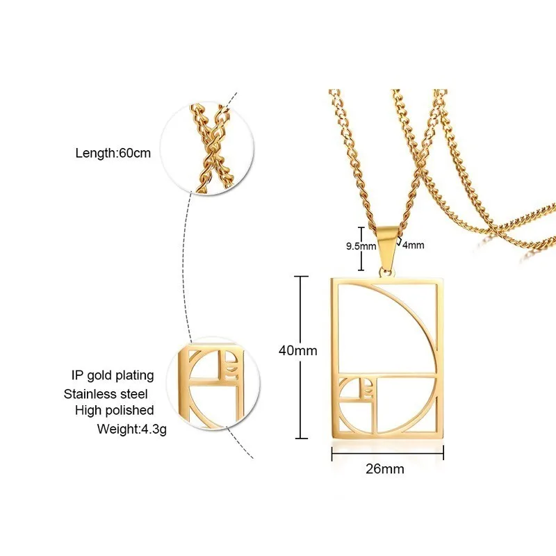 Для женщин Fibonacci золотое сечение в виде спирали круг Треугольники Золотая пропорция кулон Цепочки и ожерелья в Нержавеющая сталь
