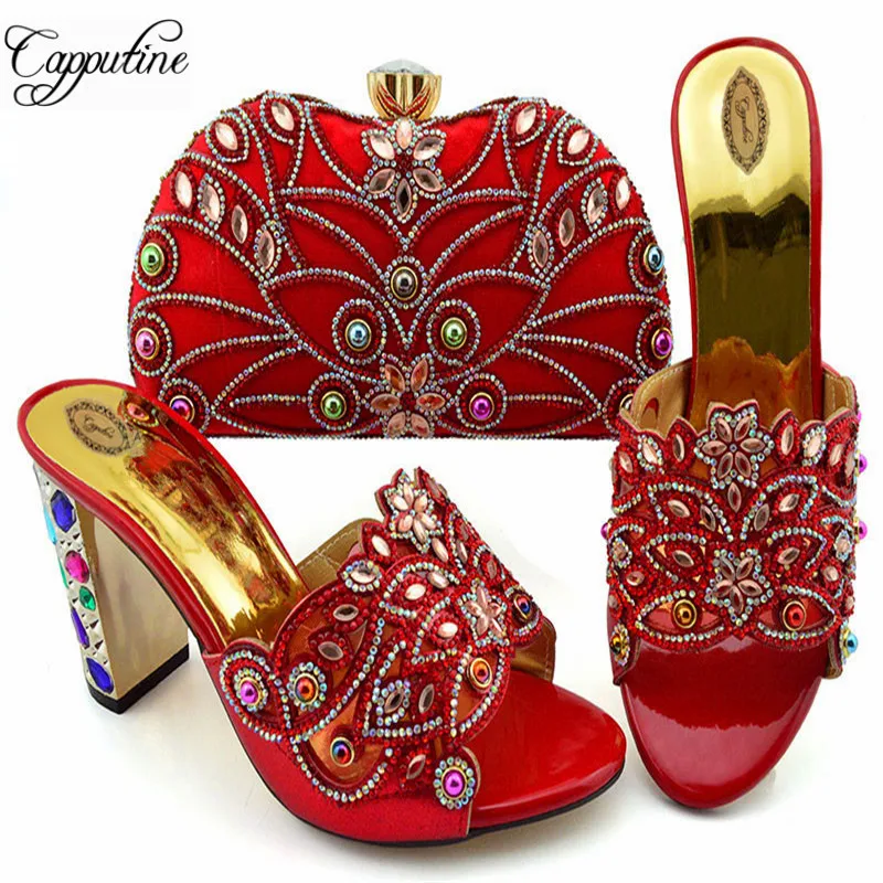 

Capputine High Quality Women Slipper Shoes And Purse to Match For Party Fashion Design High Heels Rhinestone Shoes And Bag Set