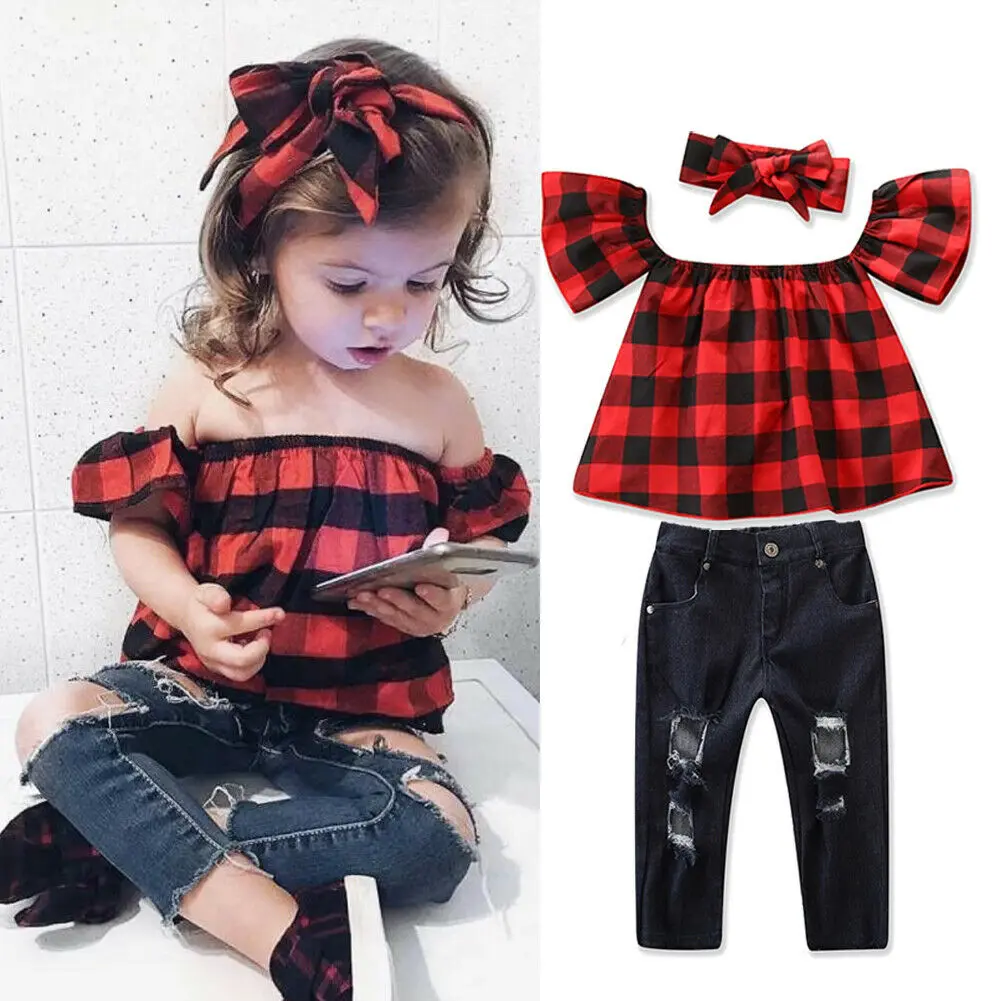 

Pudcoco 2019 Summer Kids Baby Girl Outfit Sets Shirt Off Shoulder Plaid T-shirt Tops+Long Pants Ripped Denim Jeans Clothes Set