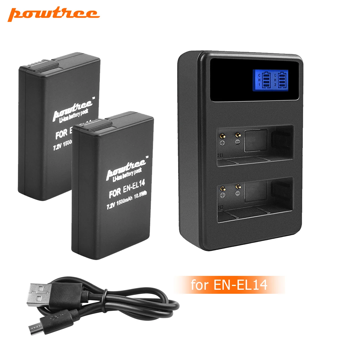 

Powtree 1500mAh EN-EL14 EN-EL14a ENEL14 EL14 Battery+LCD Dual Charger for Nikon P7800,P7700,P7100,P7000,D5500,D5300,D5200,L10