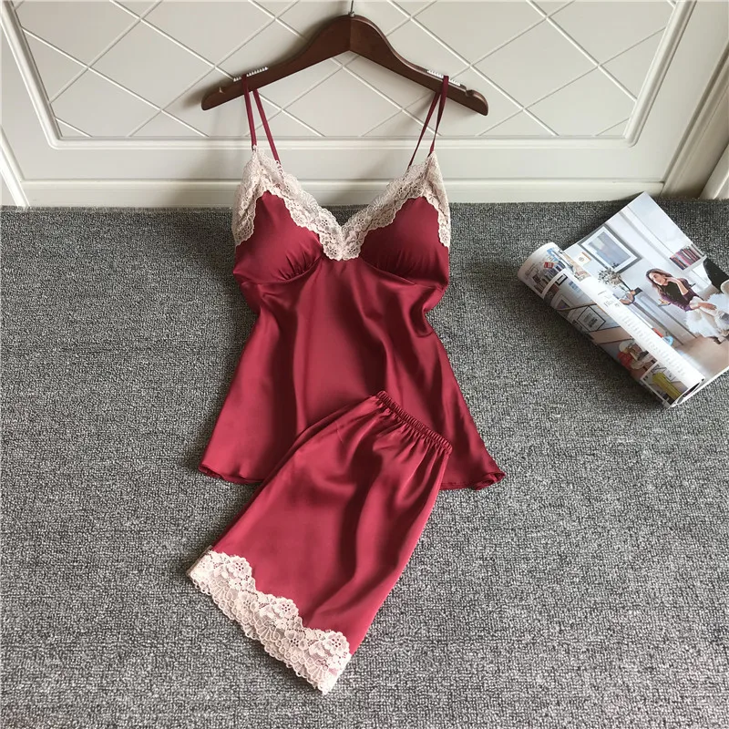 

Lisacmvpnel Spring New Ice Silk Camisole Shorts Pajama Set Spaghetti Strap With Chest Pad Sexy Lace Pijama For Women