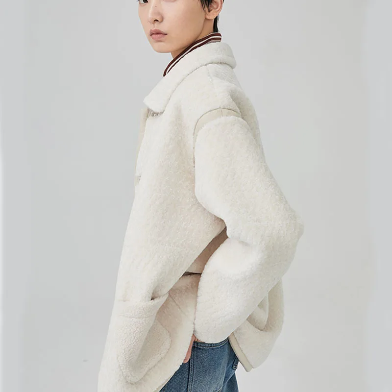 Unique D'agneau Couleur Manteau Chaud White Ld821 Longues Solide Laine Manches Printemps En Turn eam À Col down Femme Poitrine Imitaion 2019 Épais HIURqP