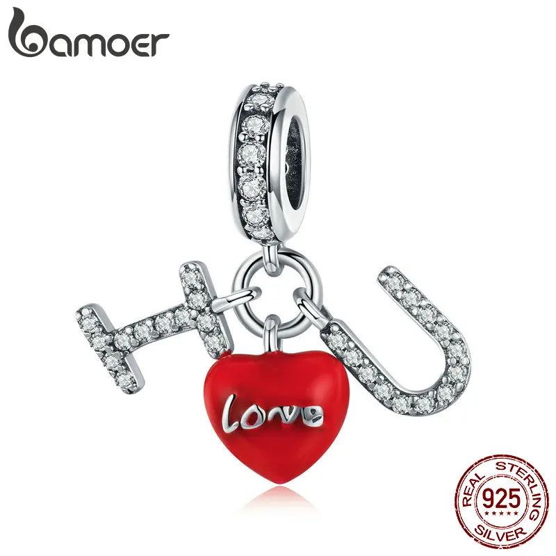 BAMOER 925 Sterling Silver I Love You Pendant Red Heart Clear CZ Charms Fit Charm Bracelets Necklace Valentines Jewelry SCC1055