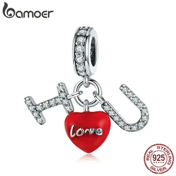 

BAMOER 925 Sterling Silver I Love You Pendant Red Heart Clear CZ Charms Fit Charm Bracelets Necklace Valentines Jewelry SCC1055