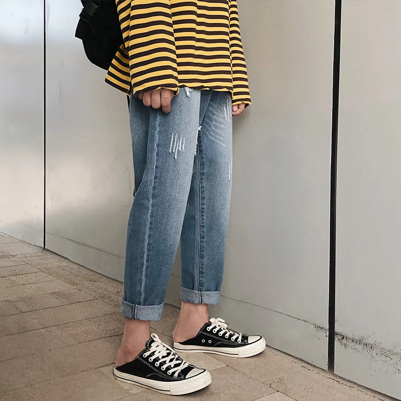 2019 new baggy homme men Holes summer blue Jeans big size Male Nine Part Directly Cuffless Trousers