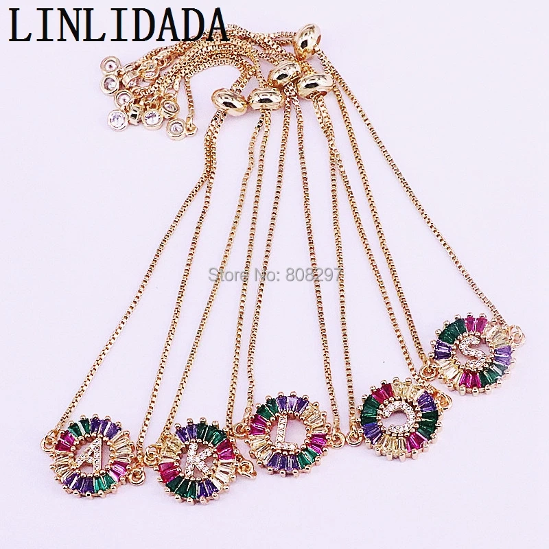 10 шт Мода Золото/цвет серебра талисман браслет для Для женщин Регулируемый микро проложить Радуга CZ 26 ювелирные изделия с буквами